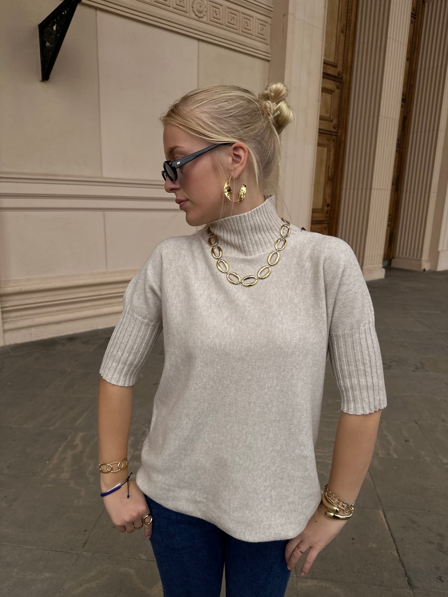 Strick Pullover Stehkragen Creme